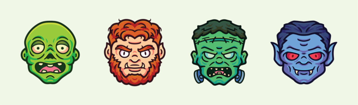 Scary halloween head pack collection cartoon character vector illustration