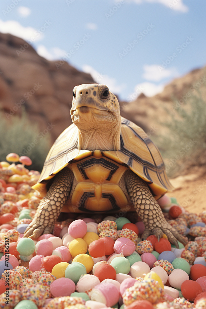 Fototapete a caramel-coated turtle with jellybean shell patterns, enjoying a stroll in a candy forest.