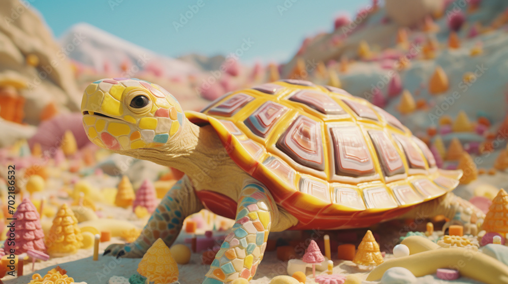 Poster A caramel-coated turtle with jellybean shell patterns, enjoying a stroll in a candy forest.