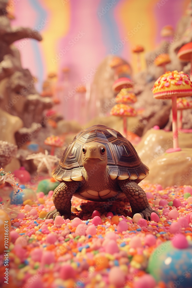 Aufkleber A caramel-coated turtle with jellybean shell patterns, enjoying a stroll in a candy forest.