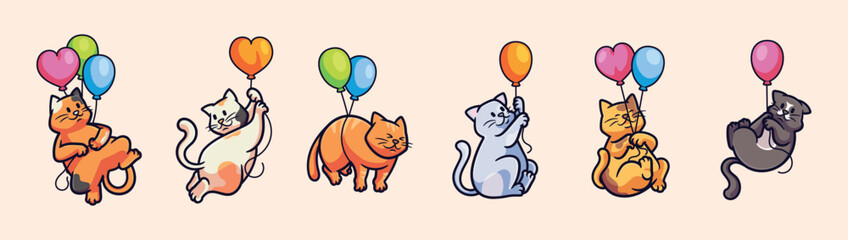 Cat with balloon pack collection cartoon character vector illustration