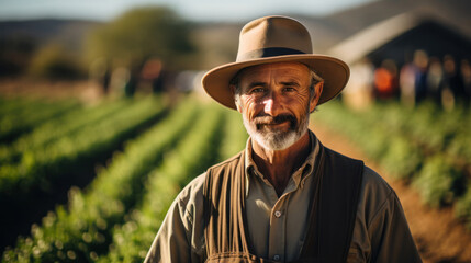 Farmer standing proudly in lush green field.