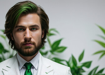 A man expresses emotions, points with finger, stylish suit. 