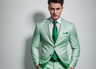 A man expresses emotions, points with finger, stylish suit. 