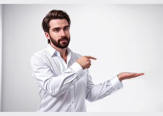 A man expresses emotions, points with finger, stylish suit. 