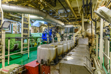 Main engine, Inside engine room on big ship, Marine engine on vessel.