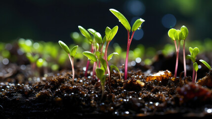 Early growth: Vegetable seedling in nurturing field - obrazy, fototapety, plakaty