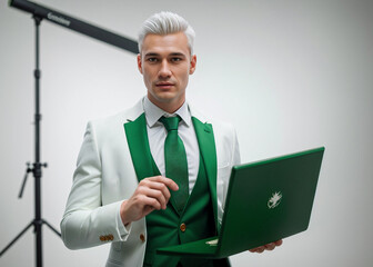 A man expresses emotions, points with finger, stylish suit. 
