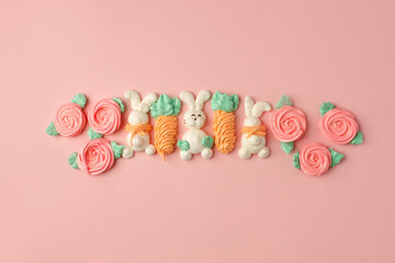 Easter Sweet cookies, meringue on pink background, colorful seasonal holiday concept, stylish greeting card, invitation, flyer. Delicious traditional snack cookies for kids, copy space, banner