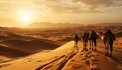 Fototapeta na wymiar camel caravan in the desert Sahara Morrocco