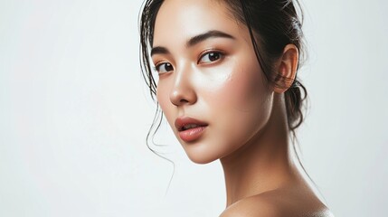 woman with clean fresh skin on white background, Face care, Facial treatment, Cosmetology, beauty and spa