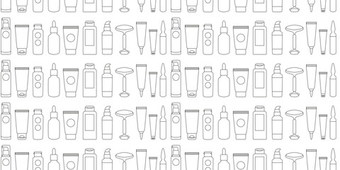 Linear skin care cosmetics seamless pattern. Serum, cleanser, moisturizer, toner, essence, face roller. Beauty routine. Anti-age. Bottles, jars, tubes. Background, wrapping paper. - obrazy, fototapety, plakaty
