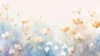 Tuinposter Elegant tiny flowers transparent watercolour background. Pastel colour palette. Generative AI © AngrySun