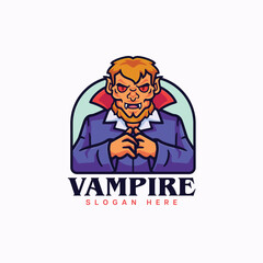 Vampire logo cartoon mascot character with a red cross on his face and wearing a blue shirt and a cape with designed to be scary and menacing