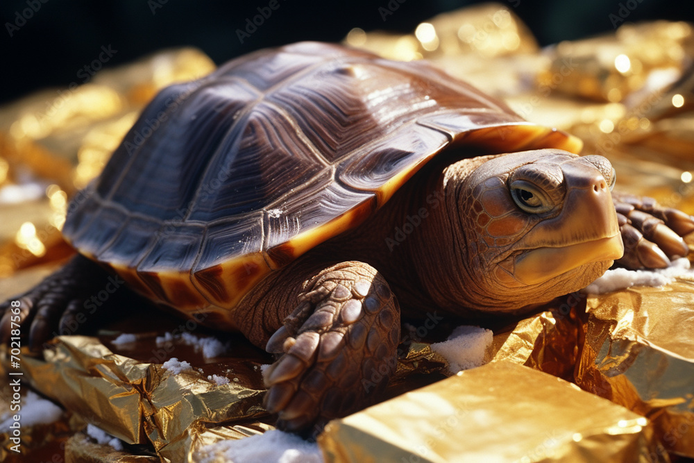 Poster a caramel-covered turtle with almond shell, sunbathing on a chocolate rock.