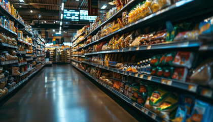 Hypermarket or supermarket with various product on the shelves - obrazy, fototapety, plakaty