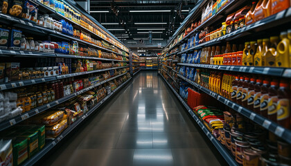 Hypermarket or supermarket with various product on the shelves