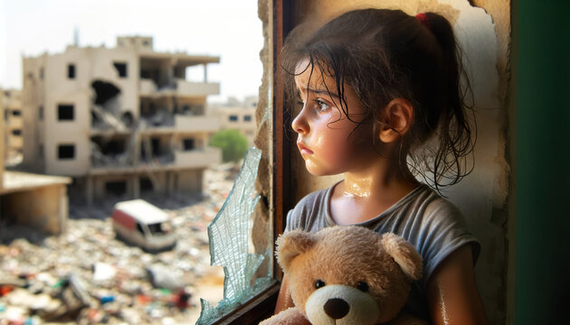 A young girl looks out of a shattered window over a landscape of destruction the after effects of war with bombed out buildings standing tribute.