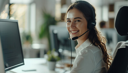 Fototapeta na wymiar Smiling customer support operator with hands-free headset working in the office.