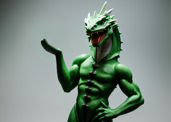 Green dragon, emotions, greeting, stylish suit. 