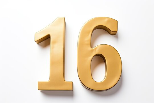 Gold Number 16 Sixteen On White Background
