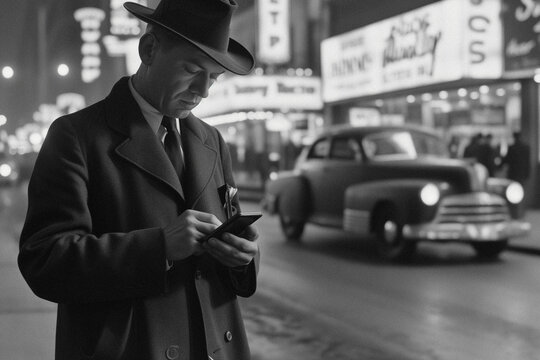 Fototapeta a vintage black and white photo from the 50's of a man using a phone at street