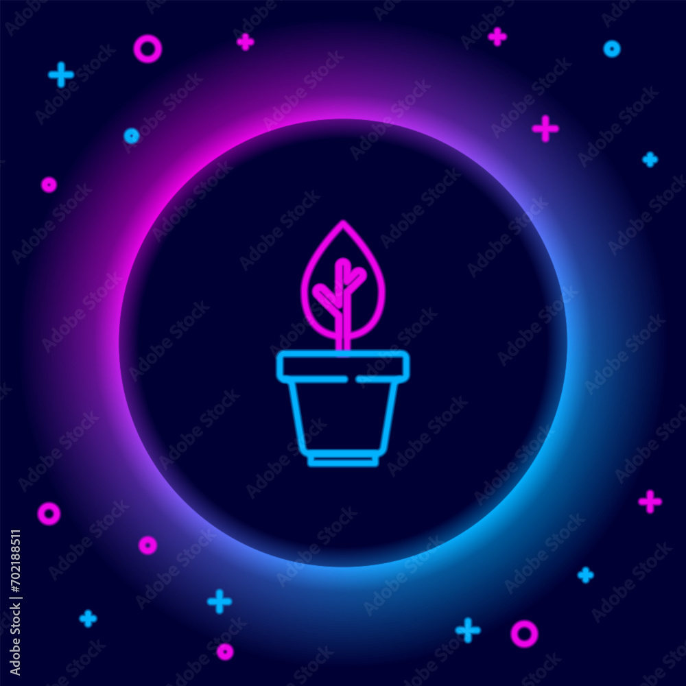 Sticker glowing neon line plant in pot icon isolated on black background. plant growing in a pot. potted pla