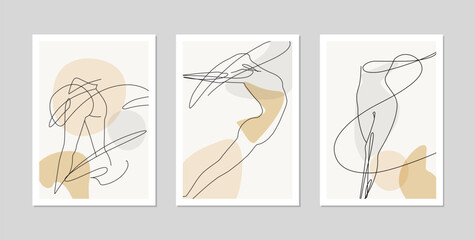 Elegant line art of erotic woman figures and abstract shapes. Contemporary poster design of female silhouettes in trendy style for wall decoration, postcard or brochure cover design.  - 702188718