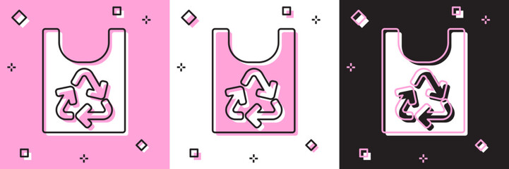 Set Plastic bag with recycle icon isolated on pink and white, black background. Bag with recycling symbol.  Vector
