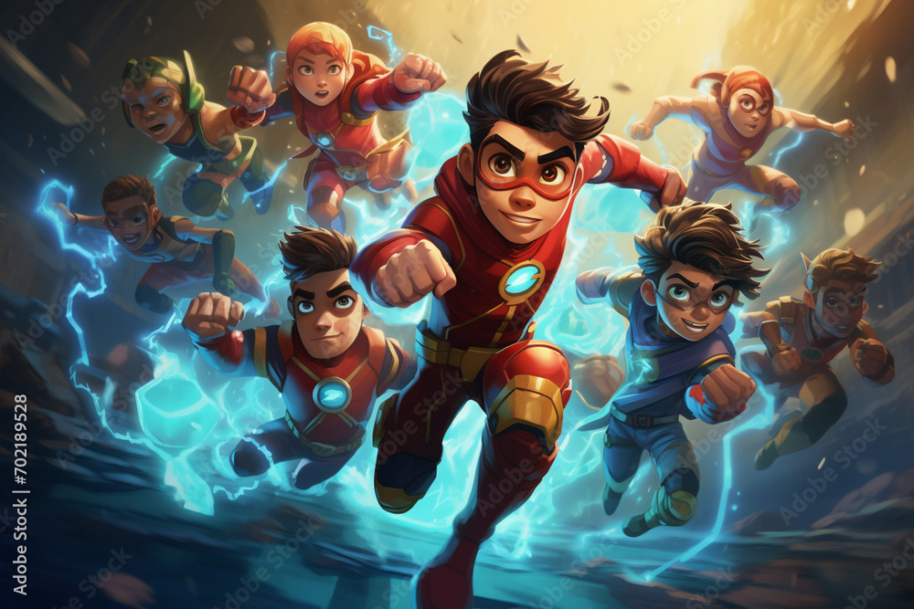 Poster a dynamic illustration featuring young superheroes in training, honing their powers and learning val