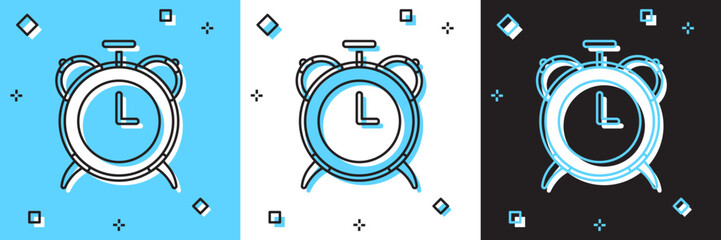 Set Alarm clock icon isolated on blue and white, black background. Wake up, get up concept. Time sign.  Vector