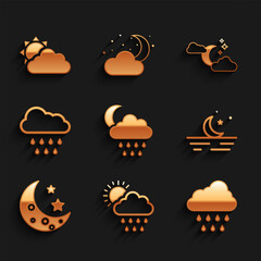 Set Cloud with rain and moon, sun, Moon stars,  and Sun cloud weather icon. Vector