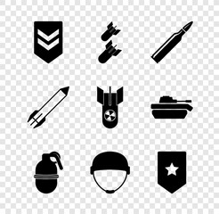 Set Chevron, Aviation bomb, Bullet, Hand grenade, Military helmet, Rocket and Nuclear icon. Vector