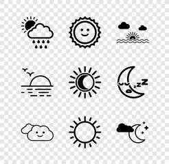 Set Cloud with rain and sun, Sun, Sunset, moon stars,  and Eclipse of the icon. Vector
