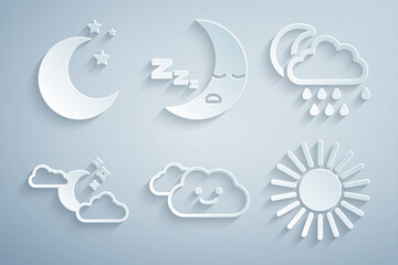 Set Cloud, with rain and moon, stars, Sun, Moon icon and  icon. Vector