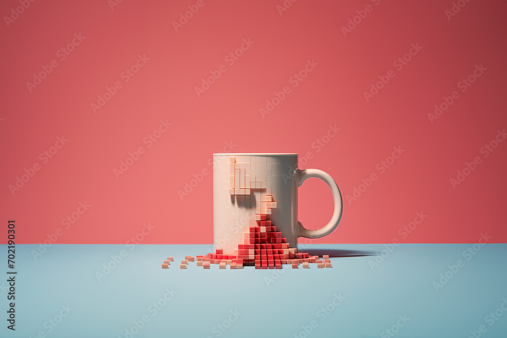 Poster Pixel art representation of a coffee mug, blending the simplicity of pixels with everyday objects.