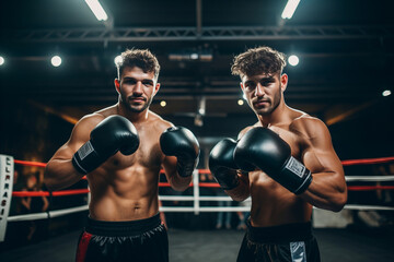 Fototapeta na wymiar Two professional muscular boxers wearing boxing gloves before a fight in the ring