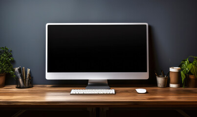 Modern computer with a blank screen on a wooden desk against a dark wall, ideal for mockups and presentations