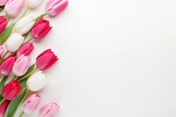 Fototapeta na wymiar beautiful tulips white and pink on white background, flat lay and copy space - generative ai