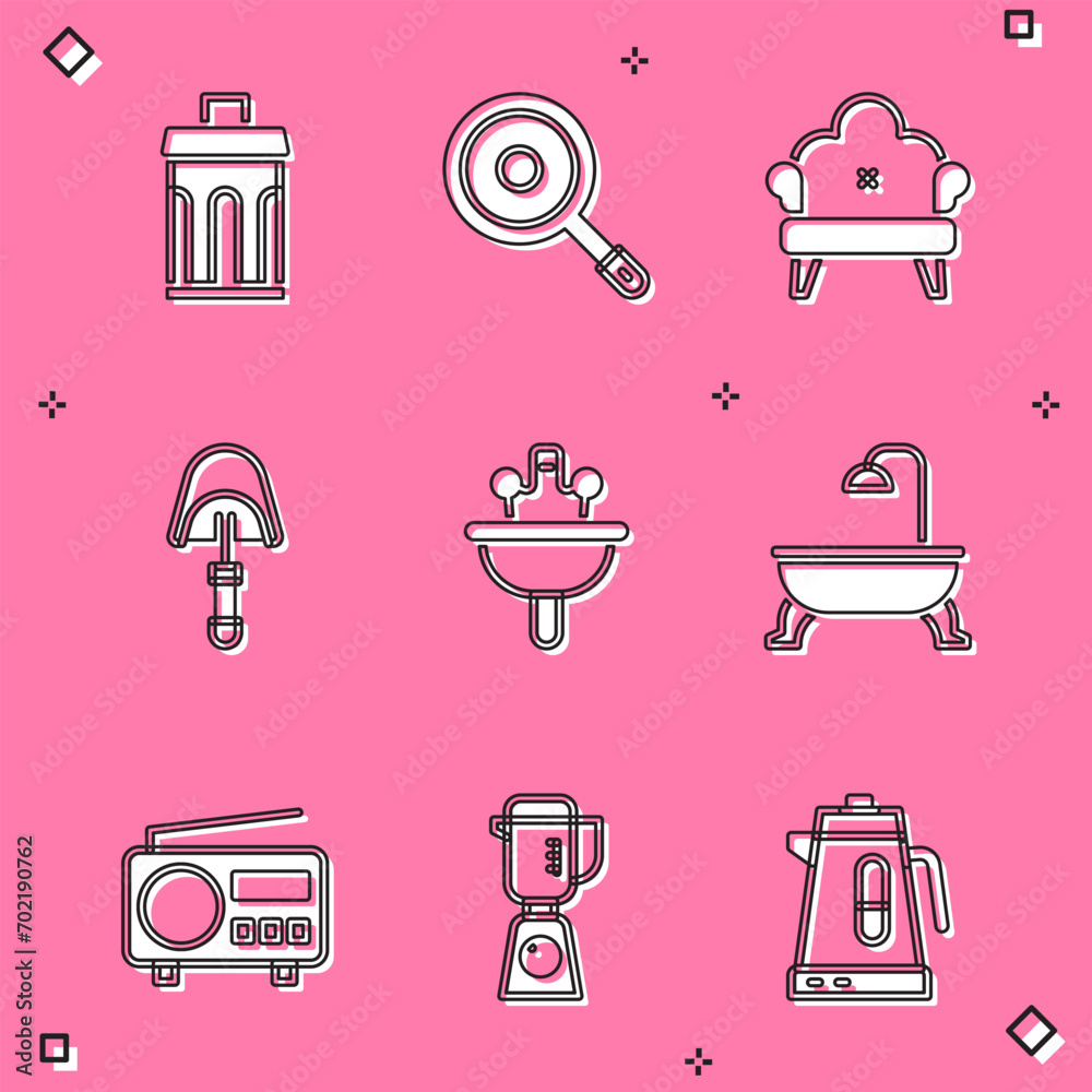 Sticker Set Trash can, Frying pan, Sofa, Spatula, Washbasin, Bathtub, Radio and Blender icon. Vector