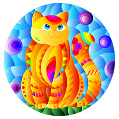 Illustration in stained glass style with abstract cute red cat on a blue background, oval image in bright frame