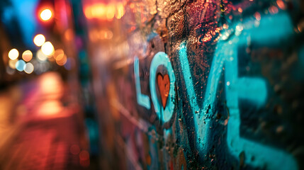 LOVE graffiti art on a urban street wall texture with blurred bokeh background