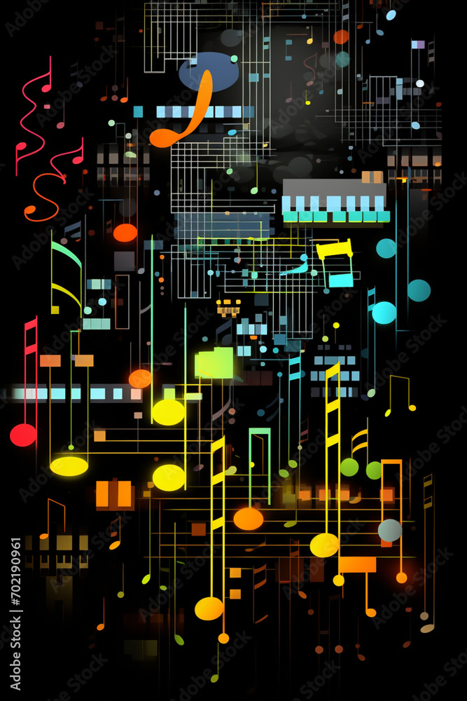 Poster playful depiction of music notes in 8-bit style, celebrating the intersection of retro aesthetics an