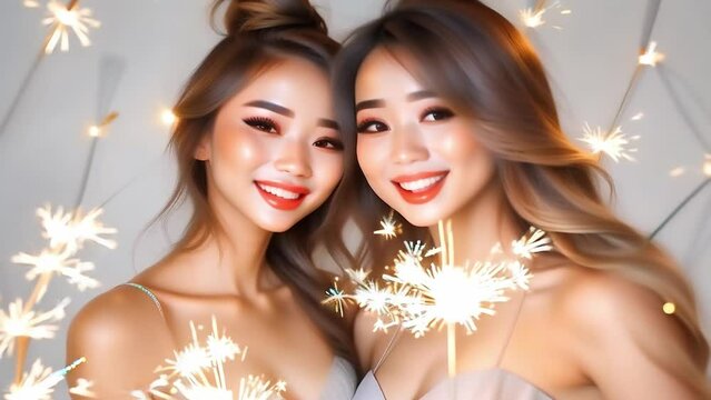 Asian Appearance Girls With Sparklers