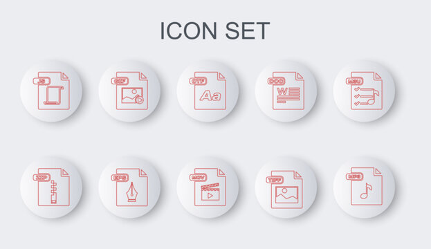 Set line MP3 file document, ZIP, OTF, TIFF, JS, GIF, EPS and MOV icon. Vector