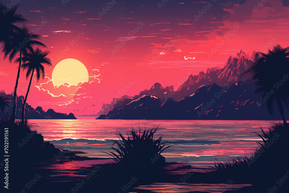 Aufkleber a pixel art illustration of a synthwave-inspired sunset, fusing retro aesthetics with electronic mus
