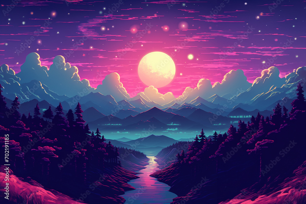 Poster A pixel art illustration of a synthwave-inspired sunset, fusing retro aesthetics with electronic music vibes.