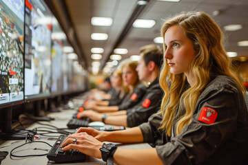 Young female gamer with her team participating in an esports tournament, focusing intensely on their computer screens.
