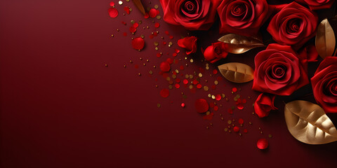 Red roses on red background. Concept for marketing banner, wedding greeting card, social media, Valentines Day, Birthday, Women's Day, Mother's day, celebration, beauty and fashion. 