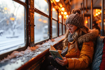 Fototapeta na wymiar A young woman in warm winter clothing reading a book while seated in a cozy, illuminated tram during a snowy evening commute.